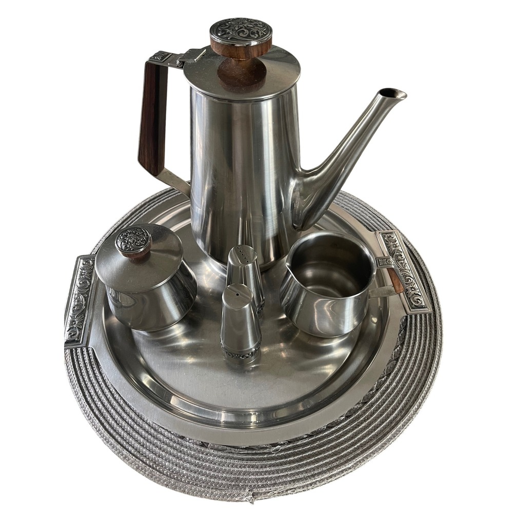 International Decorator Stainless Coffee Tea Set Tray Silver MCM Wood Trim 6pc